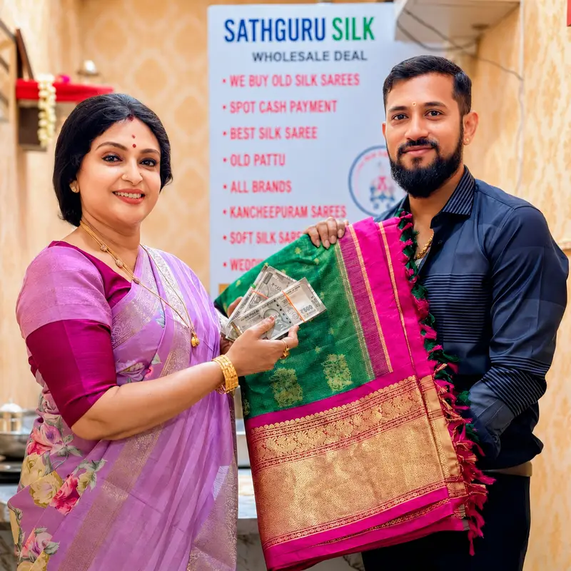 Customer selling an old Kanchipuram silk saree for instant cash at Sathguru Silk Center, Adyar, Chennai. Trusted old pattu saree buyers offering spot valuation and cash payment.